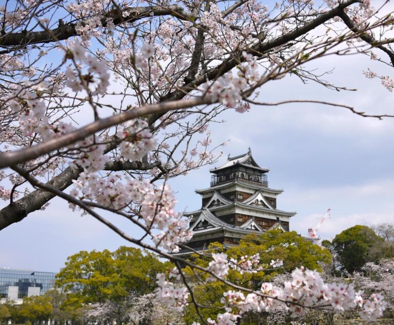 A beautiful shot of a Japanese castle framed by blooming cherry blossom branches under a partly cloudy sky.