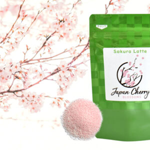 A bag of Sakura Latte with a pile of pink powder and cherry blossoms in the background, showcasing a Japanese cherry blossom theme.